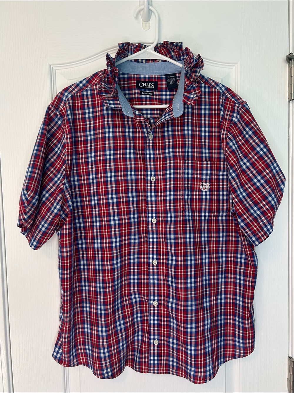 Chaps Upcycled Red White and Blue Plaid Short-Sleeve Women’s Shirt Ruffle Collar